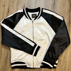 Ashley Satin Varsity Bomber Jacket Black White XL Downtown Collection